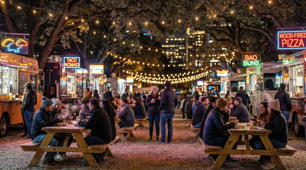 People eating at a food truck park on Rainey Street at night with neon signs and picnic tables under trees.