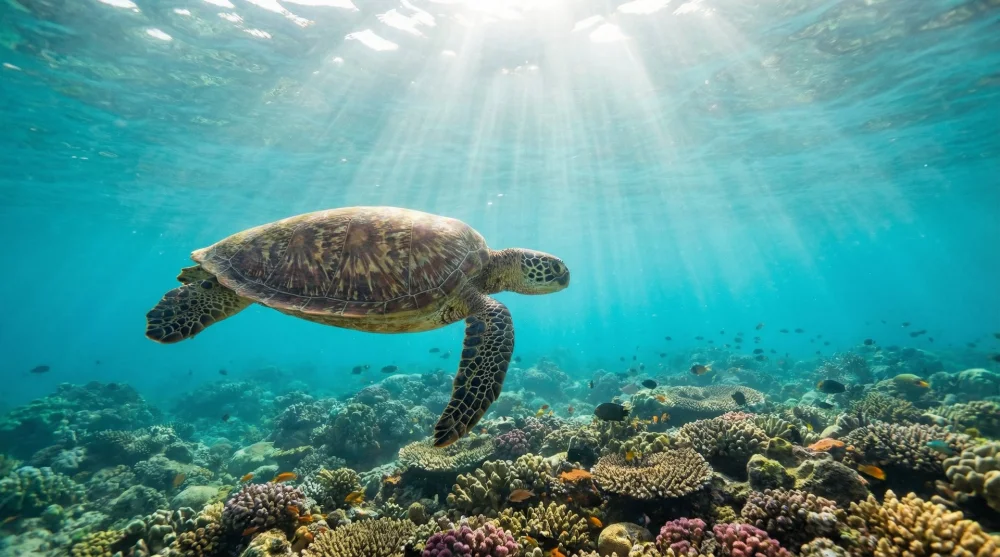Hawaiian Green Sea Turtle (Honu) swimming in crystal clear shallow waters at Kaloko-Honokōhau