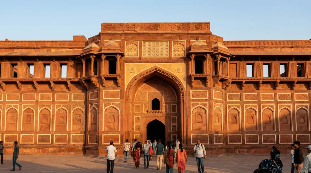 Intricate carvings on the red sandstone facade of Jahangir Mahal