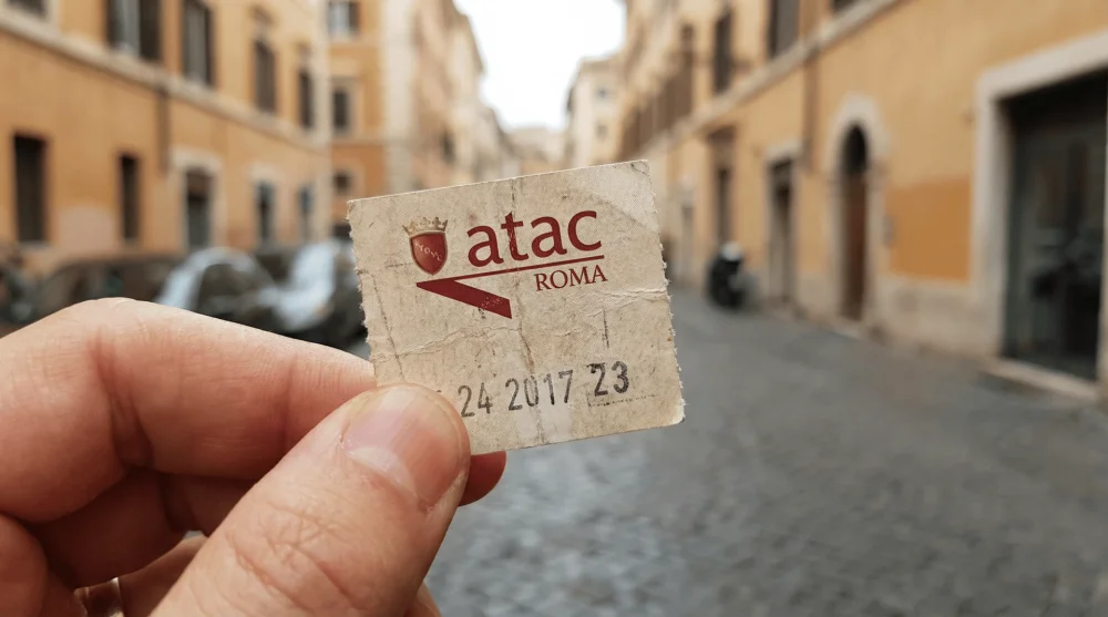 Close up view of a standard ATAC public transport ticket used for metro and bus in Rome