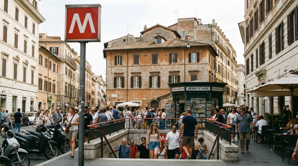 Rome Metro entrance marked with a red square M sign on a busy street