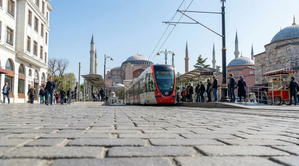 T1 line tram approaching Sultanahmet tram stop and view of historical peninsula