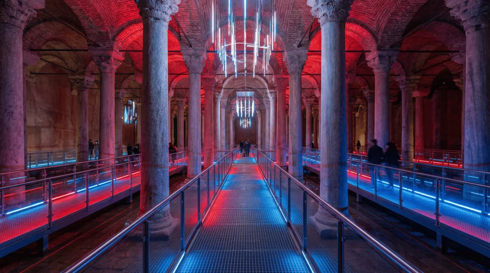 Modern metal walkways and colorful lighting installed after Basilica Cistern restoration
