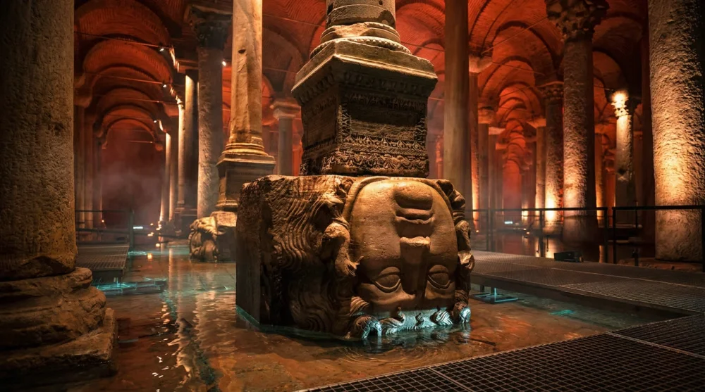 Upside down Medusa head statue used as a column base in Basilica Cistern