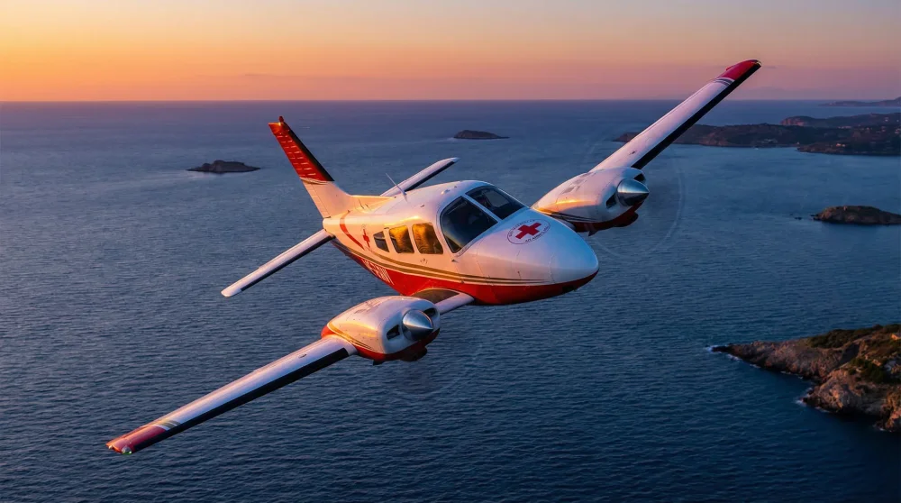 Ein medizinisches Ambulanzflugzeug fliegt für einen Rücktransport über das Mittelmeer.