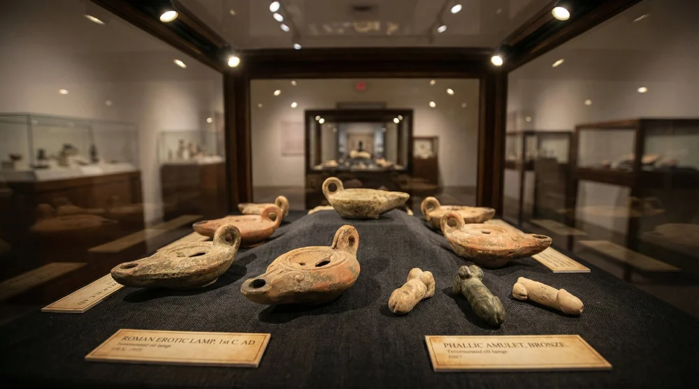 Collection of ancient Roman erotic pottery and sculptures on display