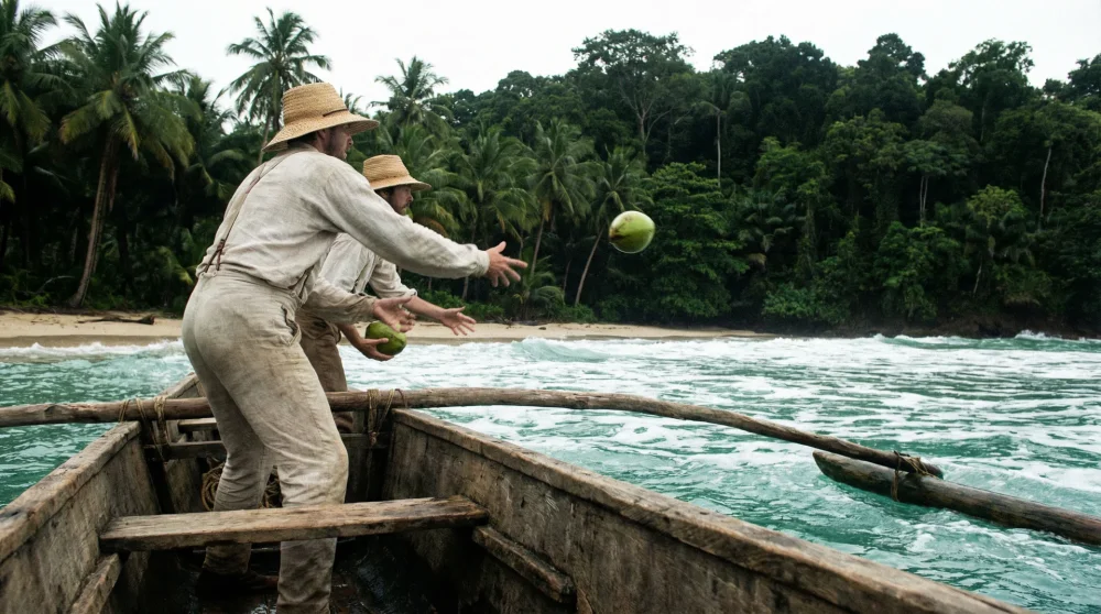 Coconuts floating in the shallow waters of a tropical beach during a rare historical contact mission.