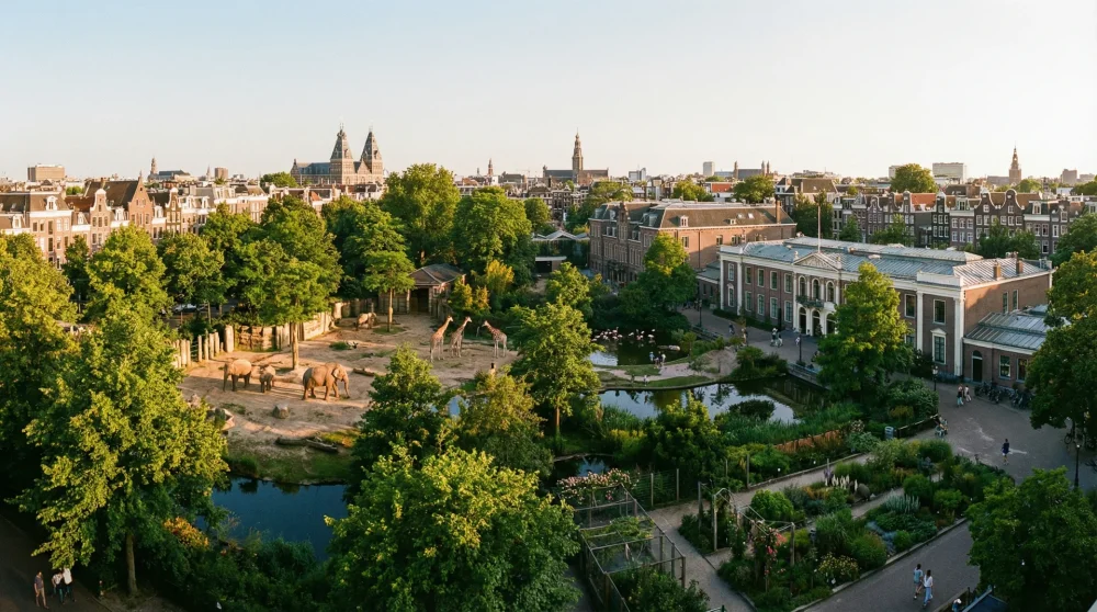 Panoramic view of ARTIS Zoo blending with the historic city skyline of Amsterdam