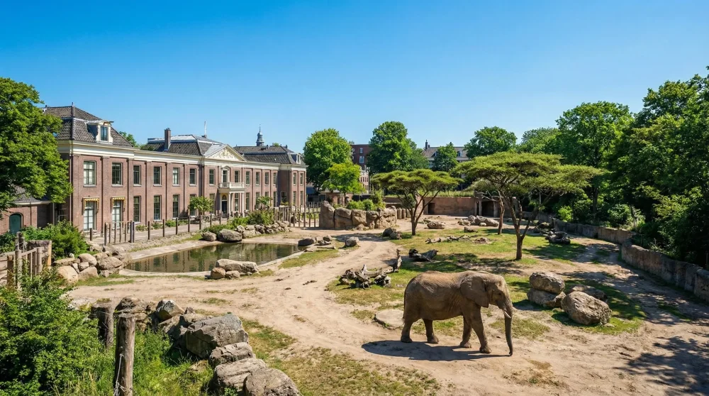 An elephant walking in the spacious outdoor enclosure at ARTIS Royal Zoo