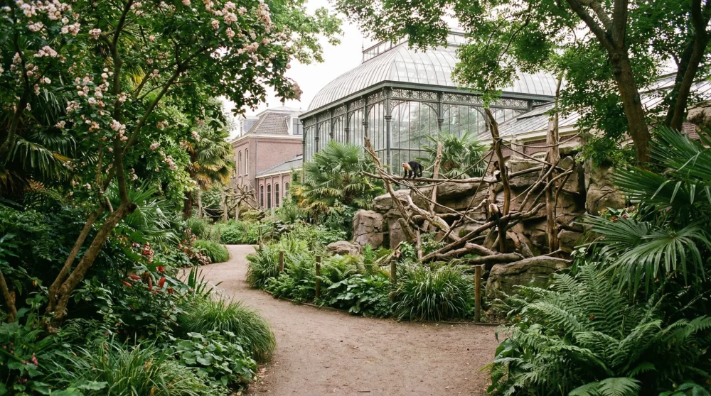 Lush green botanical pathways and historic 19th-century buildings inside ARTIS Zoo