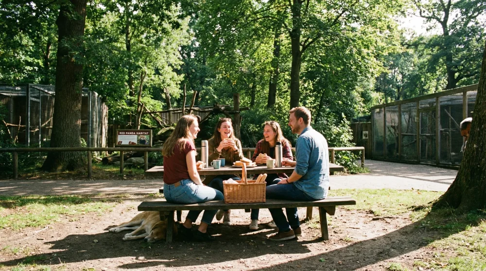 Visitors enjoying their own food and coffee at a wooden picnic bench inside ARTIS Zoo