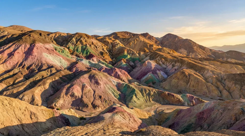 Vibrant pink, green, and purple mineral-rich hills of Artist's Palette in Death Valley