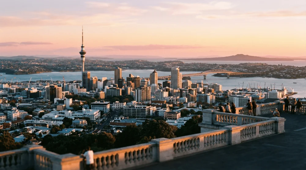 Panoramic view of Auckland city and harbor from the museum rooftop