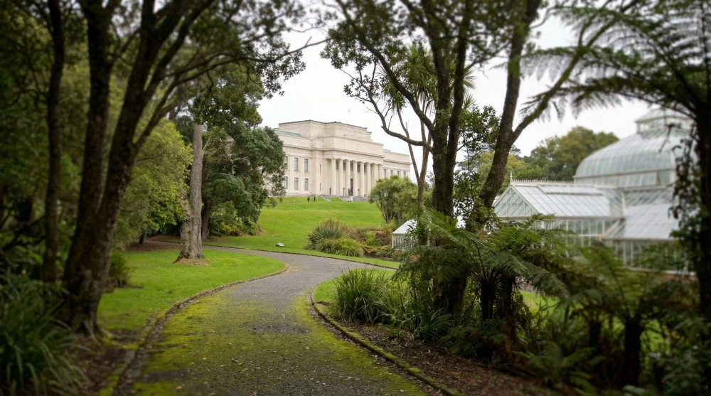 Scenic walking path in Auckland Domain park near the museum