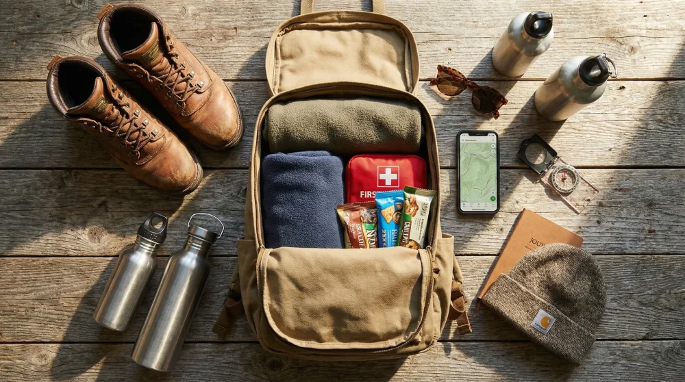 Zusammenstellung der wichtigsten Ausrüstungsgegenstände für eine Tageswanderung inklusive Wanderschuhe, Wasser und Smartphone