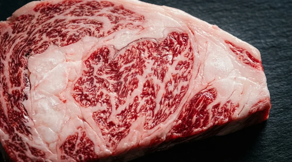 Raw authentic Kobe beef steak displaying extreme A5 fat marbling and meat quality