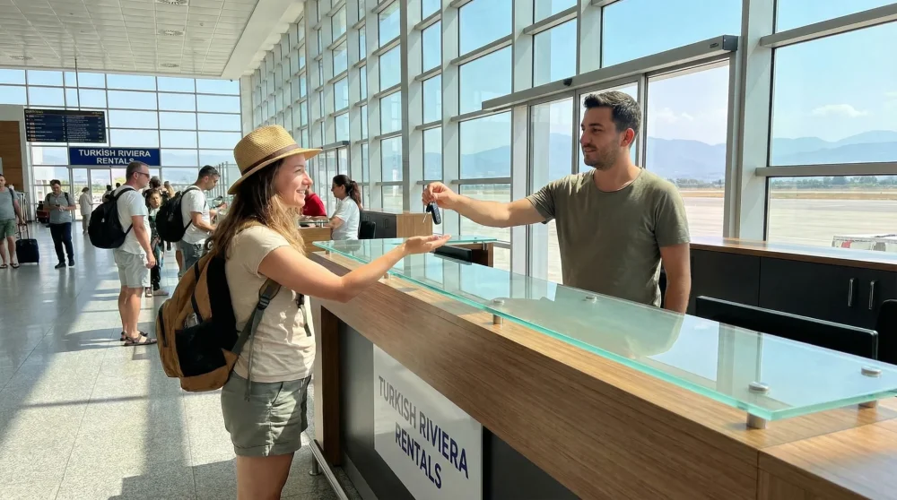 Ein lächelnder Tourist erhält die Schlüssel für seinen Mietwagen an einem Schalter in Antalya