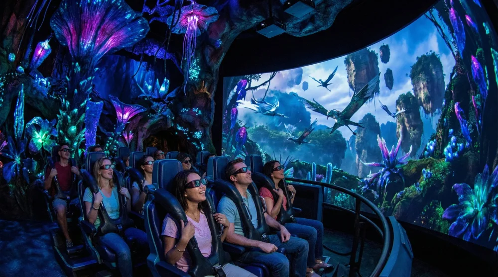Guests riding banshee simulators on Avatar Flight of Passage with a view of the floating mountains of Pandora