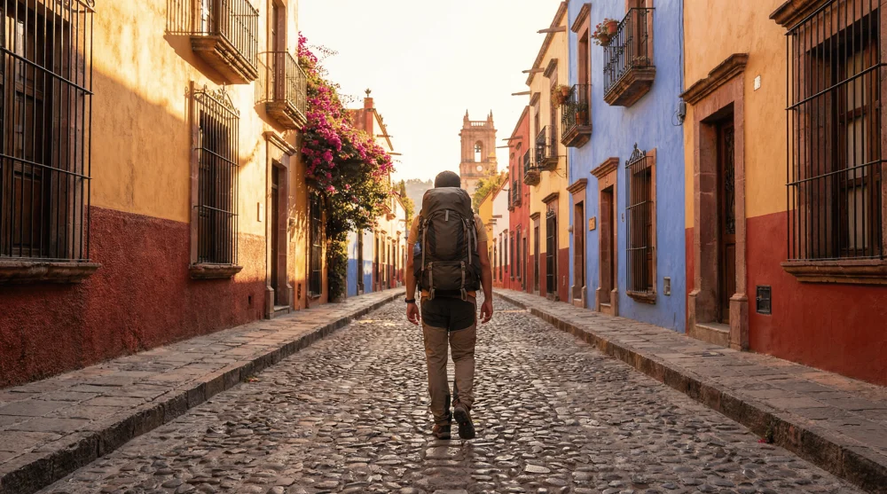 Backpacker walking down a vibrant cobblestone street in a Mexican colonial town