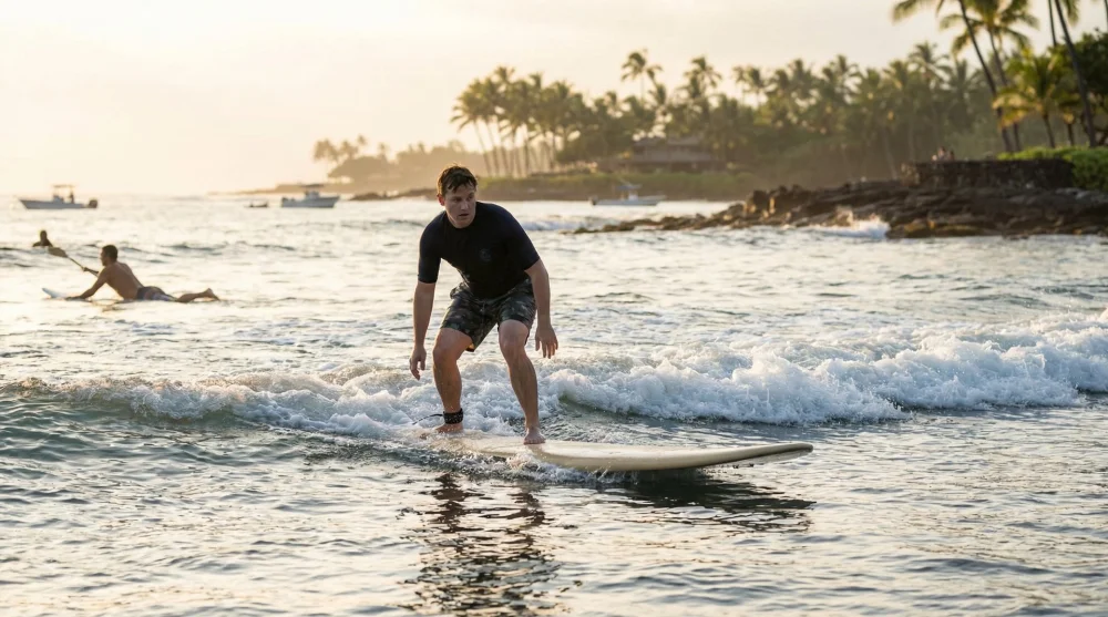 Beginner surfer riding a gentle wave at the outer reef of Kahaluu Beach Park