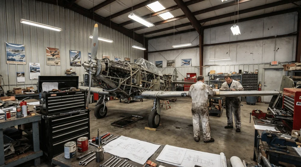 Inside the restoration hangar during a behind-the-scenes tour showing aircraft maintenance