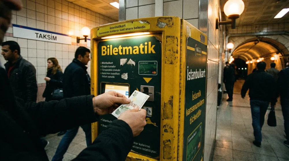 Ein Tourist lädt seine Istanbulkart an einem gelben Biletmatik-Automaten in einer U-Bahn-Station in Istanbul auf