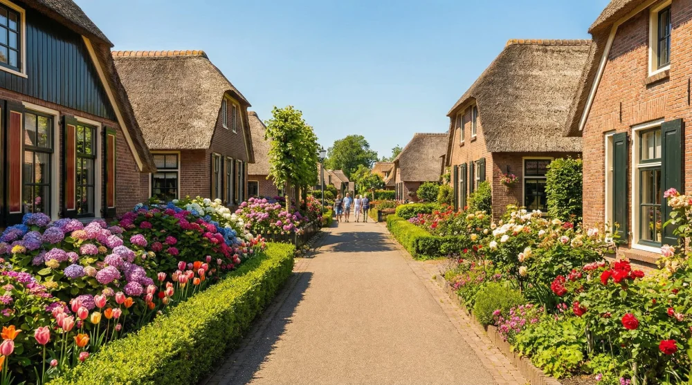 The famous Binnenpad footpath lined with flowers and historic farmhouses in Giethoorn