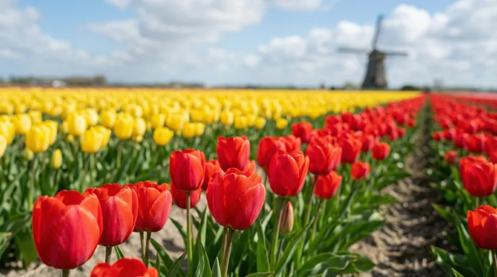 Endless rows of blooming colorful tulips in a Dutch field during spring season