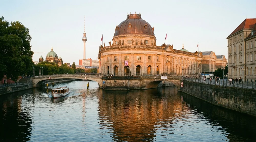 Exterior view of the Bode Museum with its iconic dome overlooking the River Spree