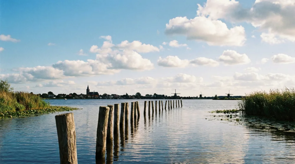 Wide view of Bovenwijde lake in Giethoorn with wooden posts marking the boating route