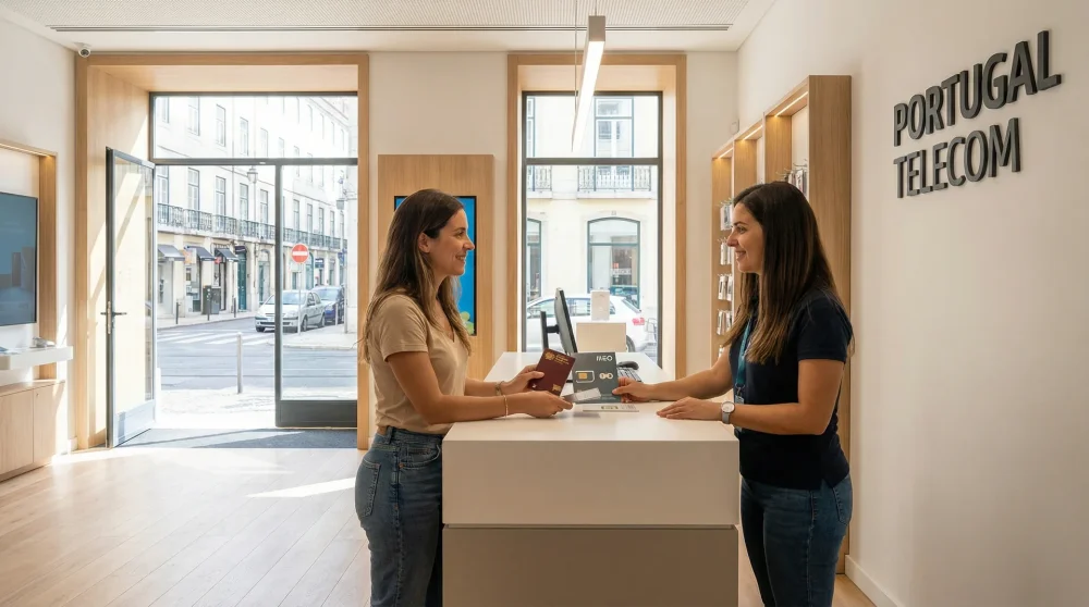 Tourist holding a passport to buy a prepaid mobile SIM card inside a Portuguese telecom store
