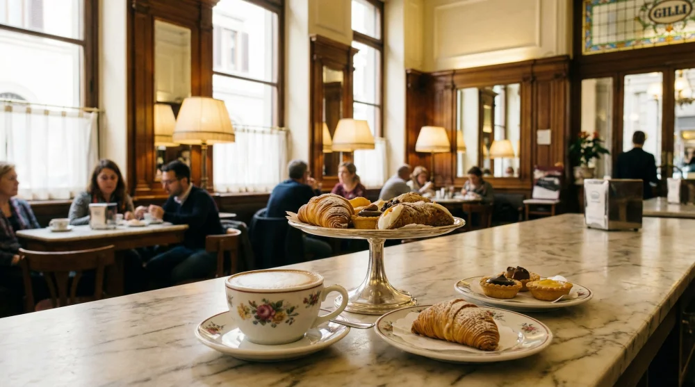 Elegant cappuccino and pastries served on a marble table inside the historic Caffè Gilli