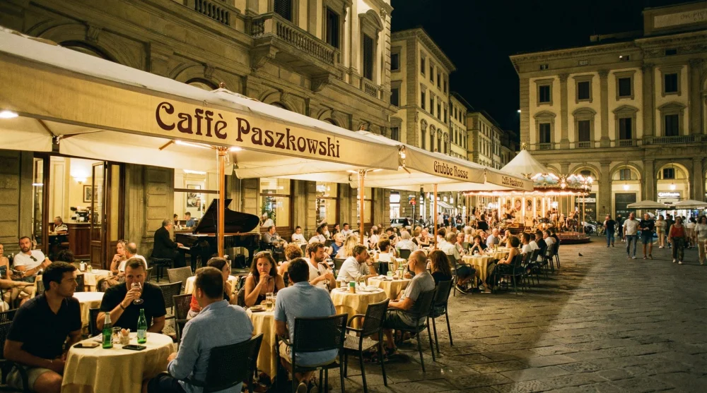 Exterior view of historic literary cafes Paszkowski and Giubbe Rosse with outdoor seating