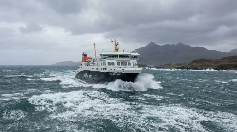 CalMac vehicle ferry sailing from Mallaig to Armadale in Scotland