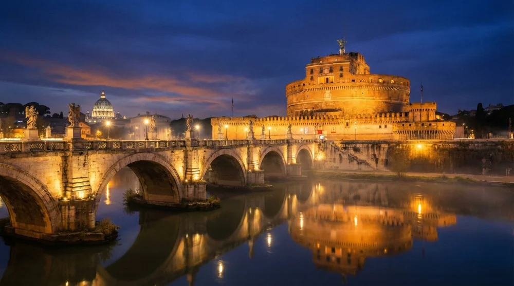 Night view of Castel Sant'Angelo and Bridge of Angels over the Tiber River