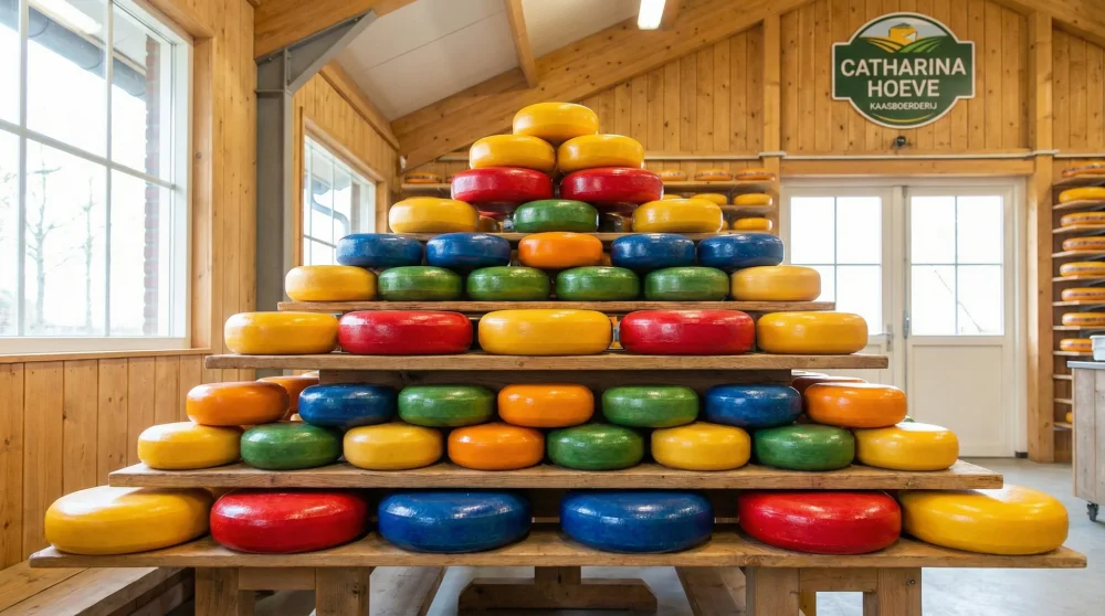 Stacks of traditional Dutch Gouda cheese wheels on display at Zaanse Schans cheese farm