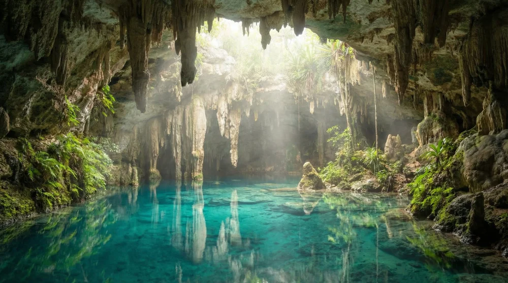 Crystal clear blue waters and dramatic stalactite formations inside Cenote Choo-Ha near Coba Ruins