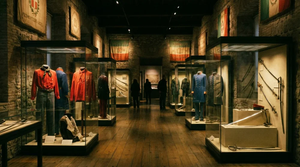 Historic military uniforms and weapons displayed inside the dimly lit Central Museum of the Risorgimento