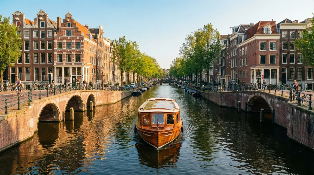 A classic glass-roofed canal boat cruising through the historic Herengracht canal in Amsterdam on a sunny day