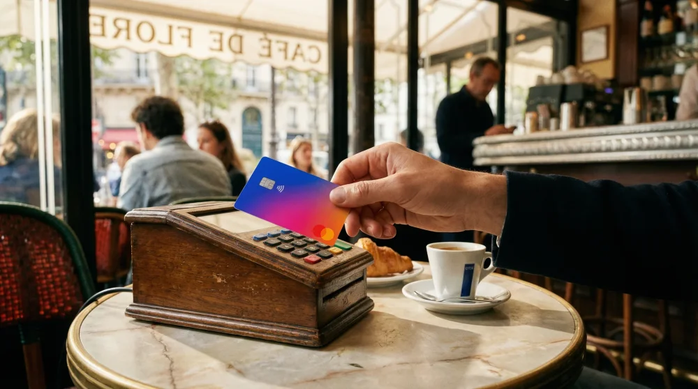 Traveler using a contactless digital bank card to pay for coffee at a traditional Parisian cafe