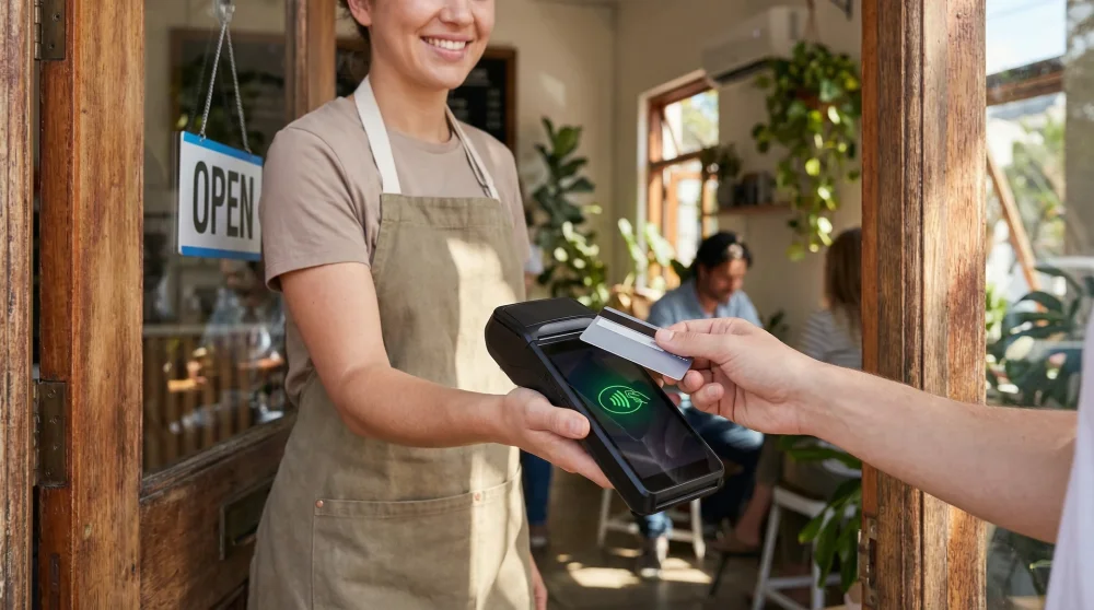 Hand using a credit card on a mobile POS terminal at the door for food delivery