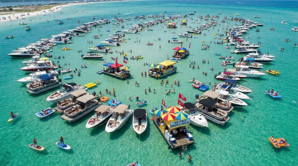 Boats anchored at Crab Island sandbar in Destin with floating vendors
