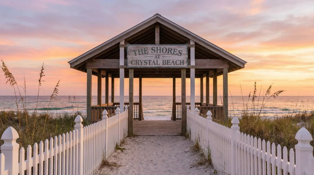 Entrance to The Shores at Crystal Beach with white pavilion and sunset view