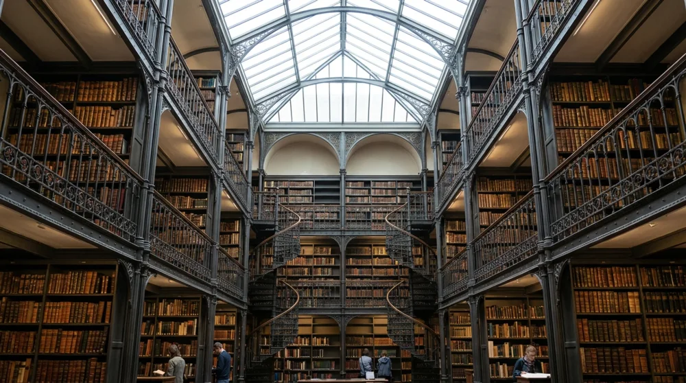 The stunning multi-level Cuypers Library inside the Rijksmuseum featuring historic books and a cast-iron spiral staircase