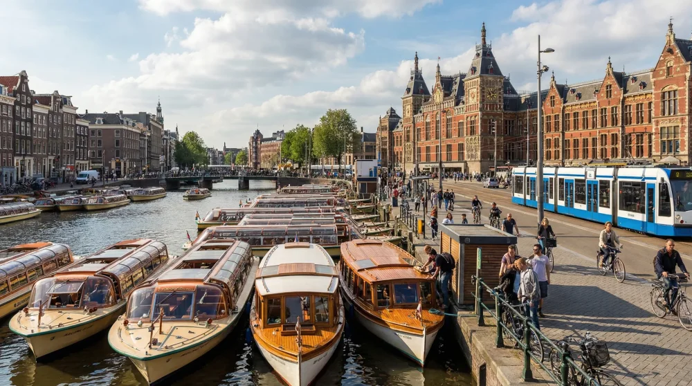 Multiple canal tour boats docked along the busy Damrak street in Amsterdam near the Central Station