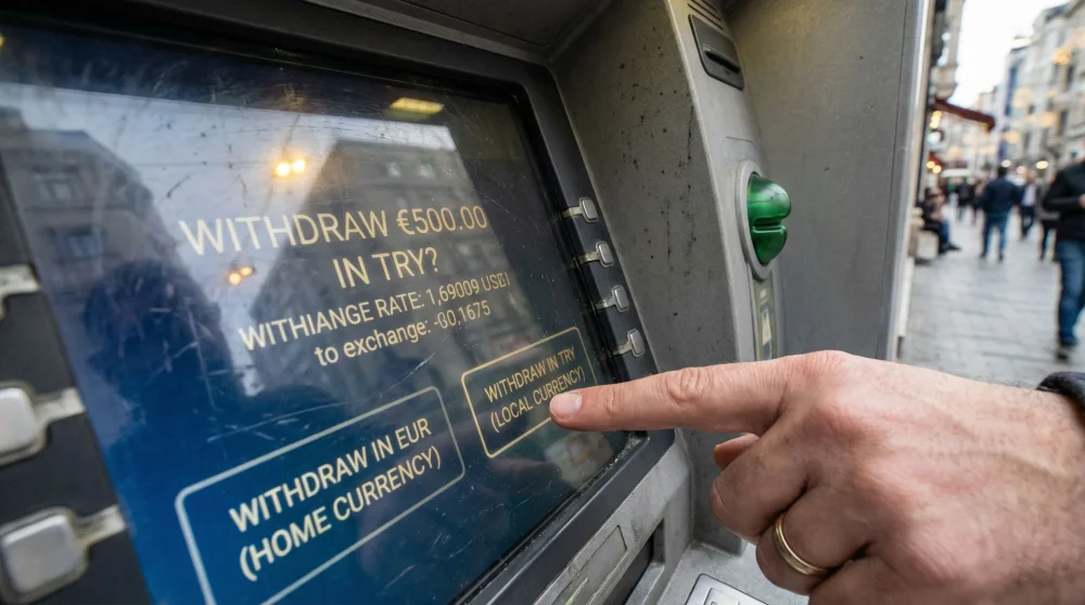 Nahaufnahme eines Geldautomaten-Displays in der Türkei, das die Wahl zwischen Abrechnung in Euro und Türkischer Lira anzeigt