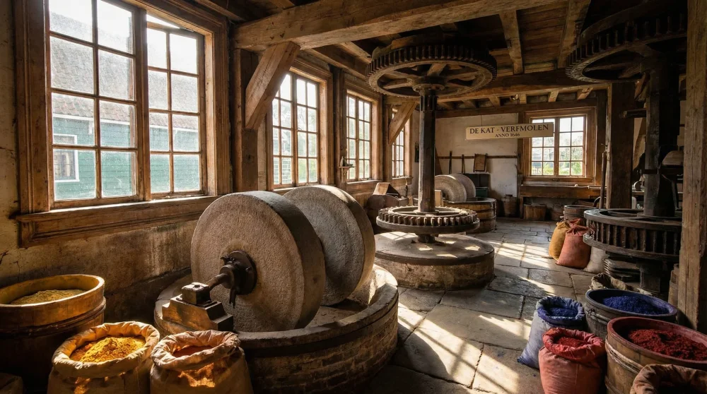 Inside view of De Kat dye mill showing traditional grinding stones and wooden machinery