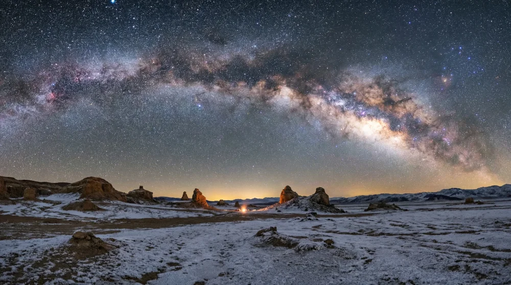 Brilliant dark starry night sky over the Death Valley desert during the winter months