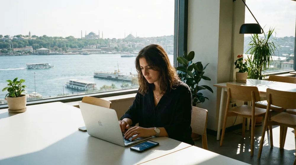 Digital nomad working on a laptop connected to a mobile hotspot overlooking the Bosphorus strait