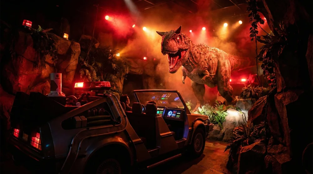 A Time Rover vehicle encountering a scary Carnotaurus dinosaur on the DINOSAUR dark ride